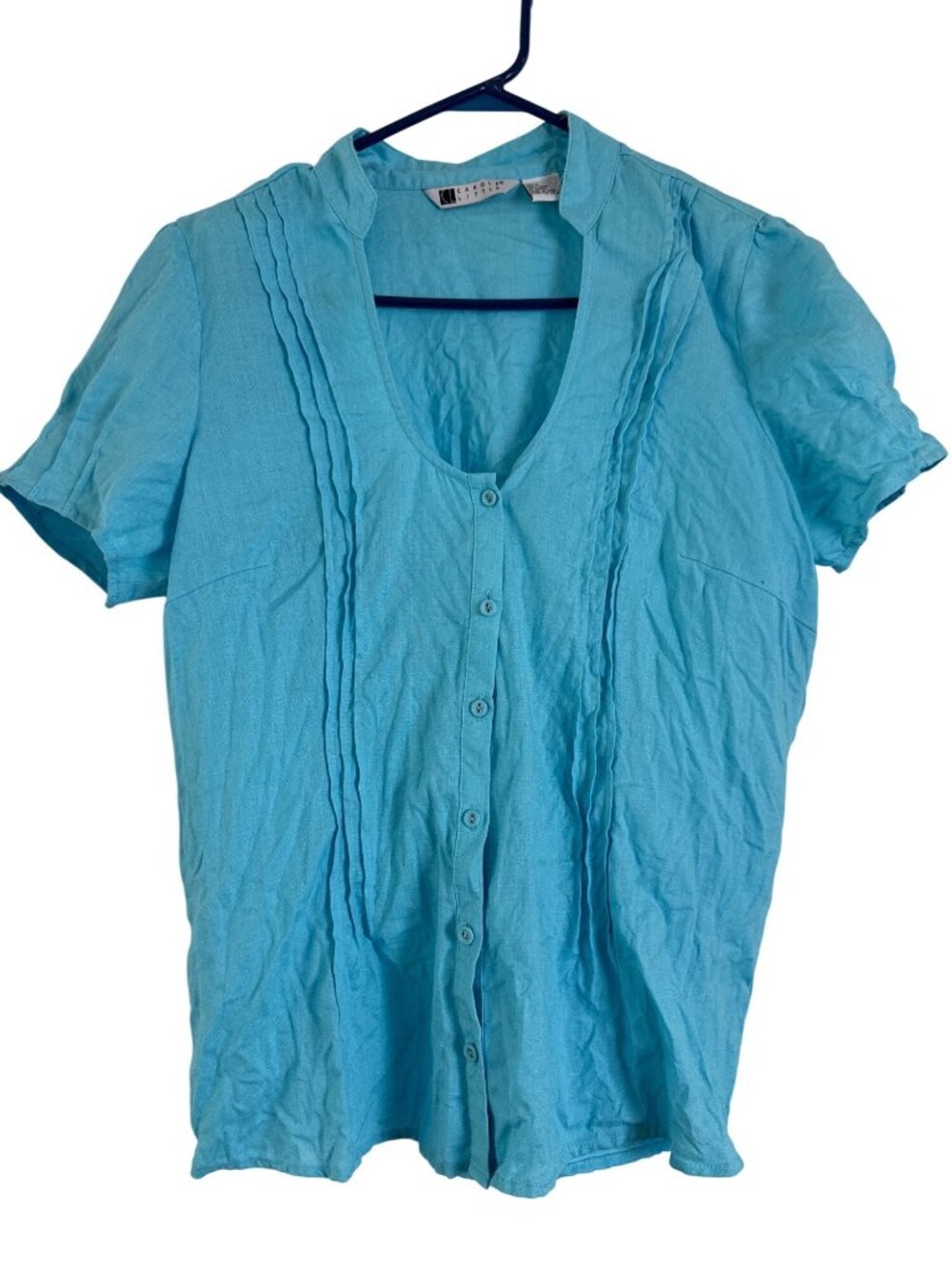 Carole Little Women's Bright Blue Button-Up Short Sleeve Linen Blouse Size L